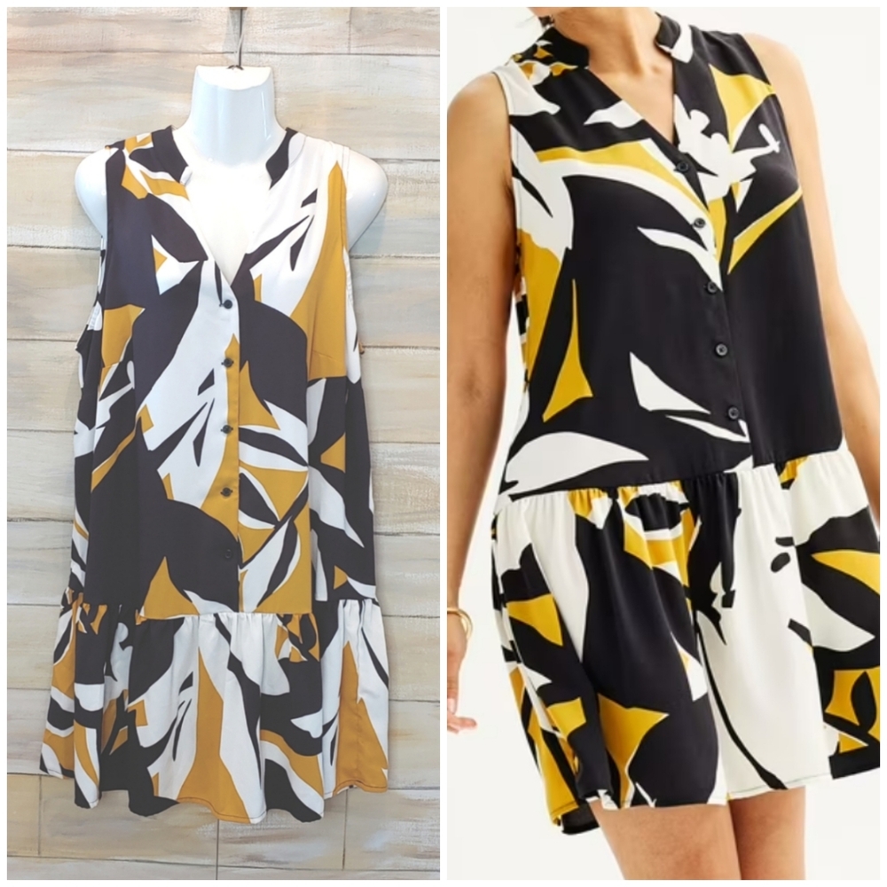 Nine West women button front sleeveless ruffle hem dress color block size OX